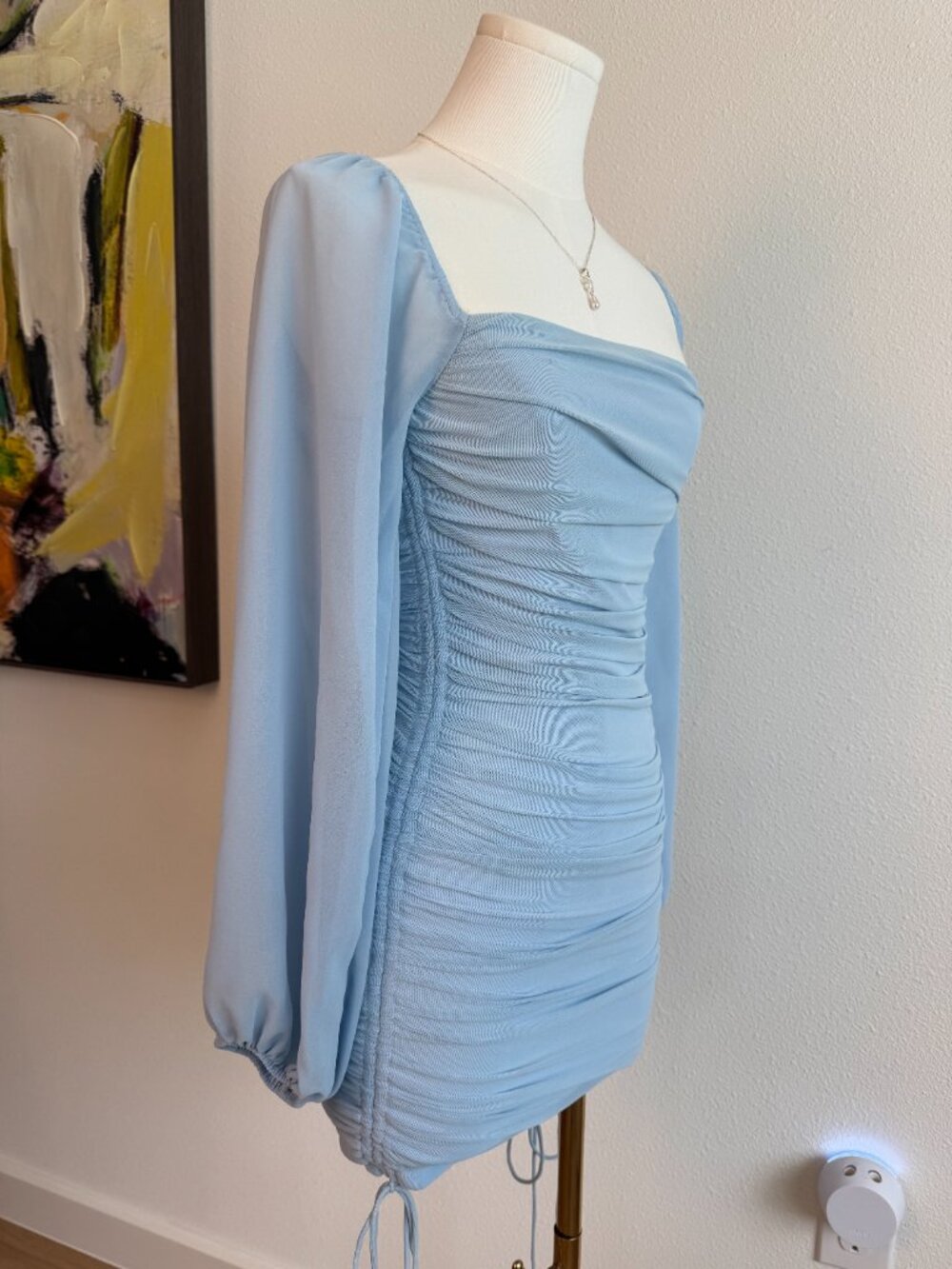 Hello Molly Baby Blue Ruched Mesh Mini Dress Puff Sleeve - Picture 5 of 10
